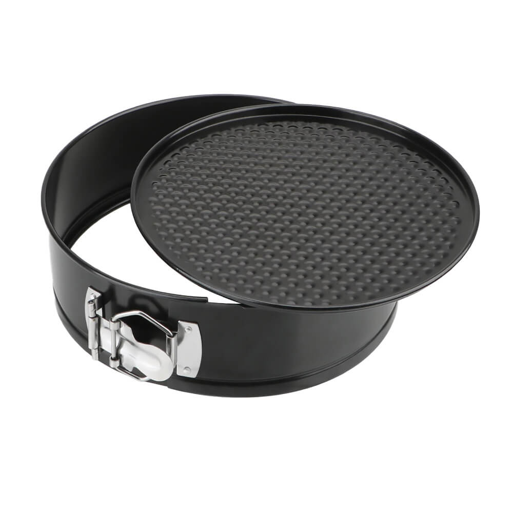 8 inch round springform cake pan with nonstick textured base and quick release latch for easy baking.