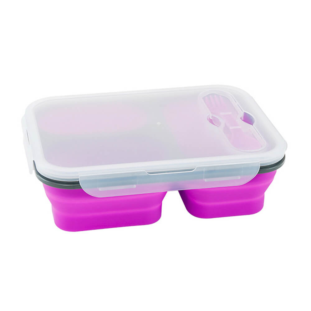Pink collapsible lunch box with a clear lid and built-in utensil compartment.