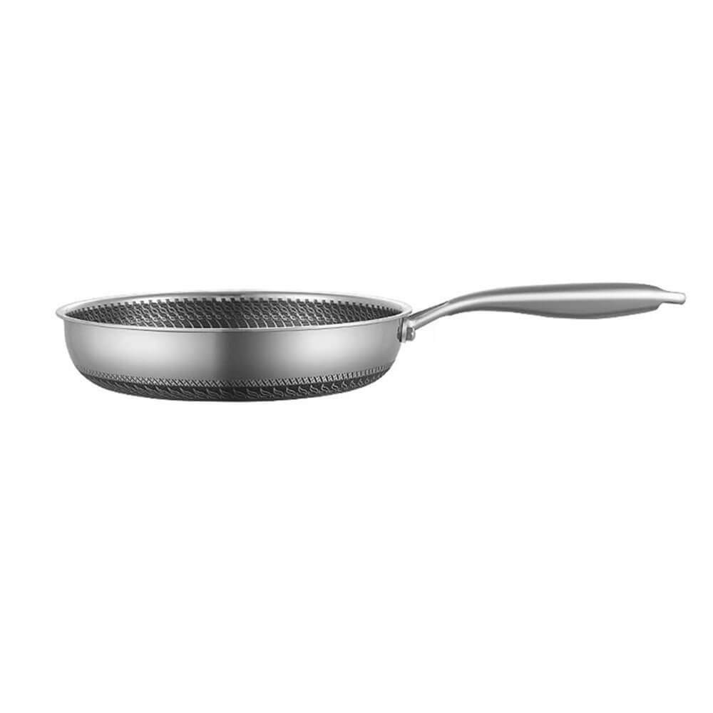 Stainless steel best honeycomb frying pan with non-stick textured interior and long handle, designed for even heat cooking.