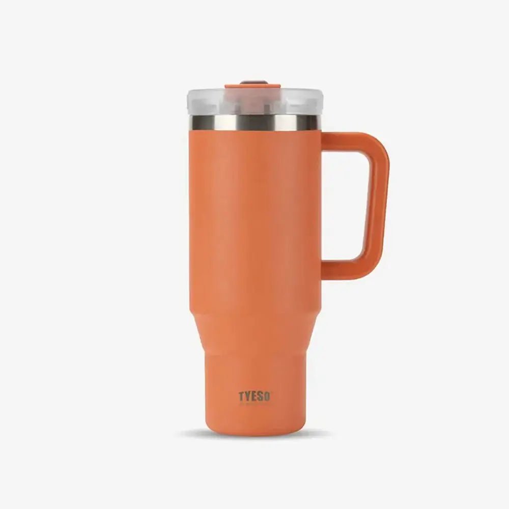Orange TYESO thermal travel mug with handle and clear lid on a plain background.