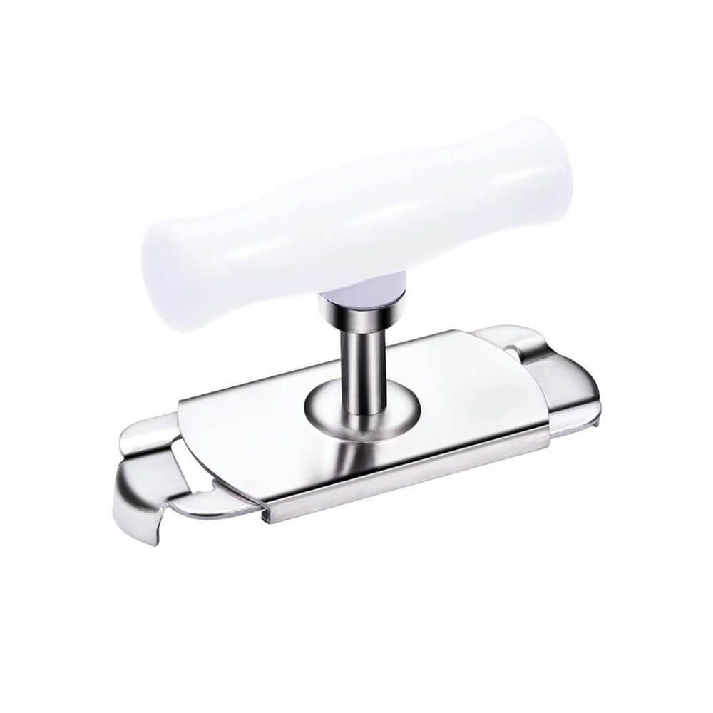 Bottle jar opener with white handle, stainless steel body, wide grip, and adjustable clamp for securely opening jar and bottle lids, ideal for arthritis.
