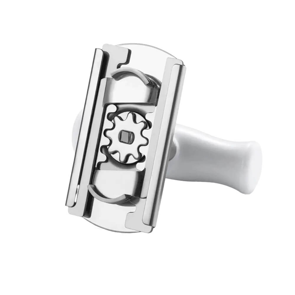 White-handled stainless steel jar opener with wide grip and adjustable clamp, designed for arthritis to securely grip and twist jar lids.
