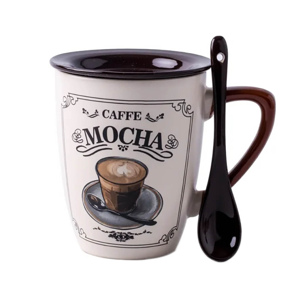 Vintage-style ceramic mug with lid, featuring a Caffe Mocha design, a brown handle, and a matching spoon that rests neatly in the handle slot—ideal for hot drinks.