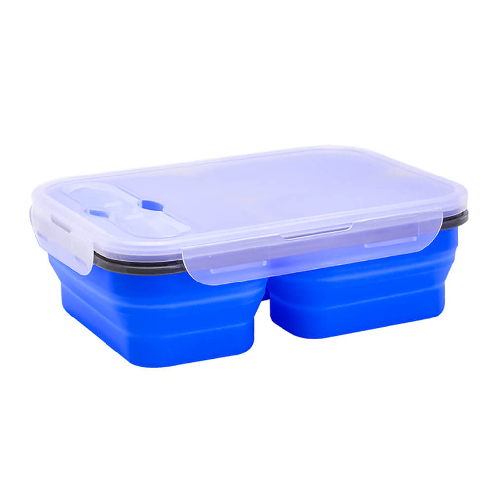 Collapsible lunch box in blue with a clear lid, compact and divided into three sections for easy food storage.