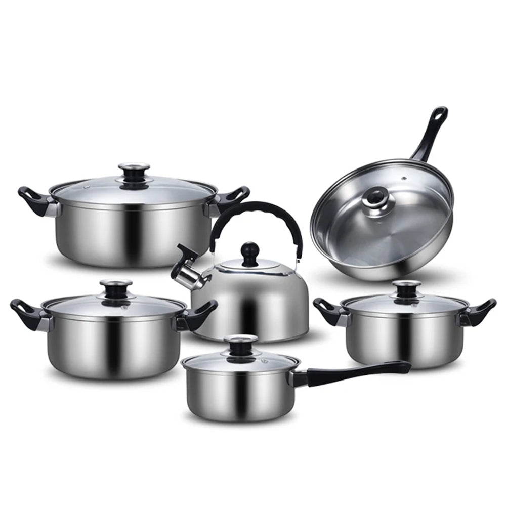 Complete stainless steel cookware set including pots, pans, and a kettle with black handles and glass lids.