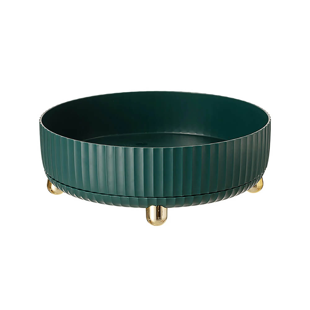 Corner cabinet lazy susan in dark green with gold legs, perfect for organizing spices, condiments, or kitchen essentials.