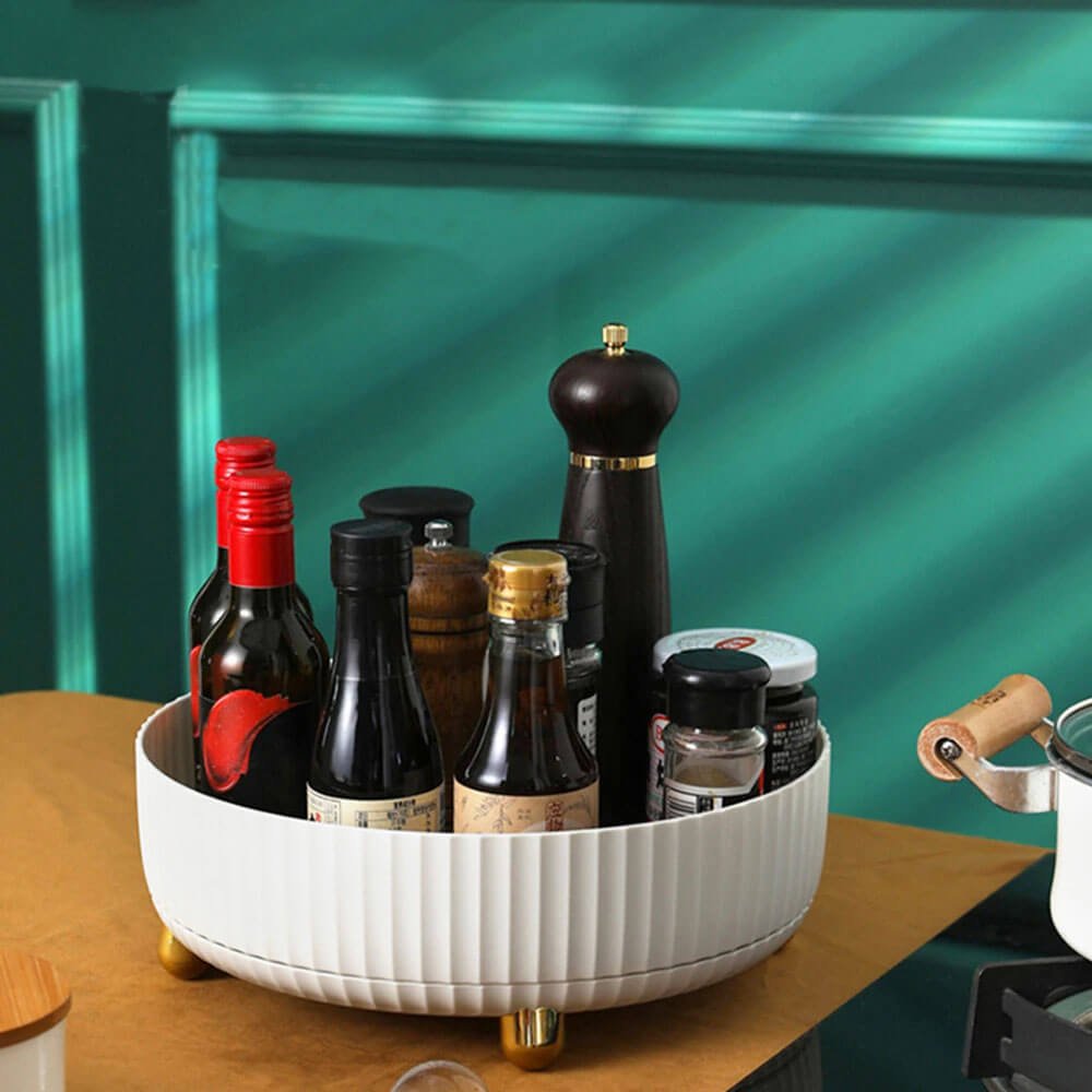 Corner cupboard lazy susan organizer holding sauces, spices, and condiments, perfect for kitchen countertop or cabinet storage.