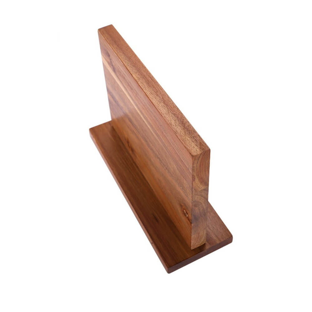 Double sided magnetic knife block made of solid wood with strong magnetic force for safe, space-saving kitchen knife organization.