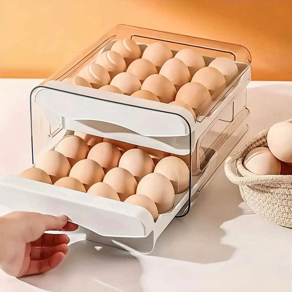 Hand pulling drawer of white egg storage containers filled with brown eggs, placed on counter beside basket under warm sunlight.