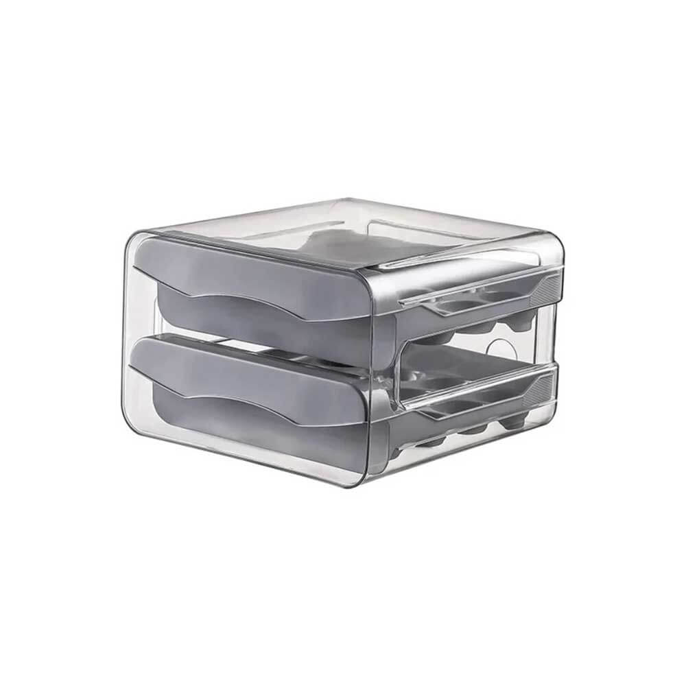 Empty transparent egg storage for fridge with two gray drawers, designed to hold eggs and save space in kitchen refrigerators.