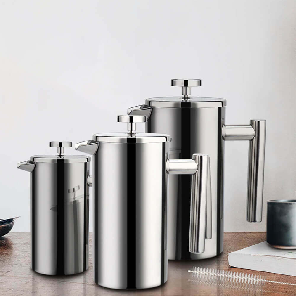 French press coffee stainless steel set with three sizes, polished finish, and durable design for perfect home brewing.