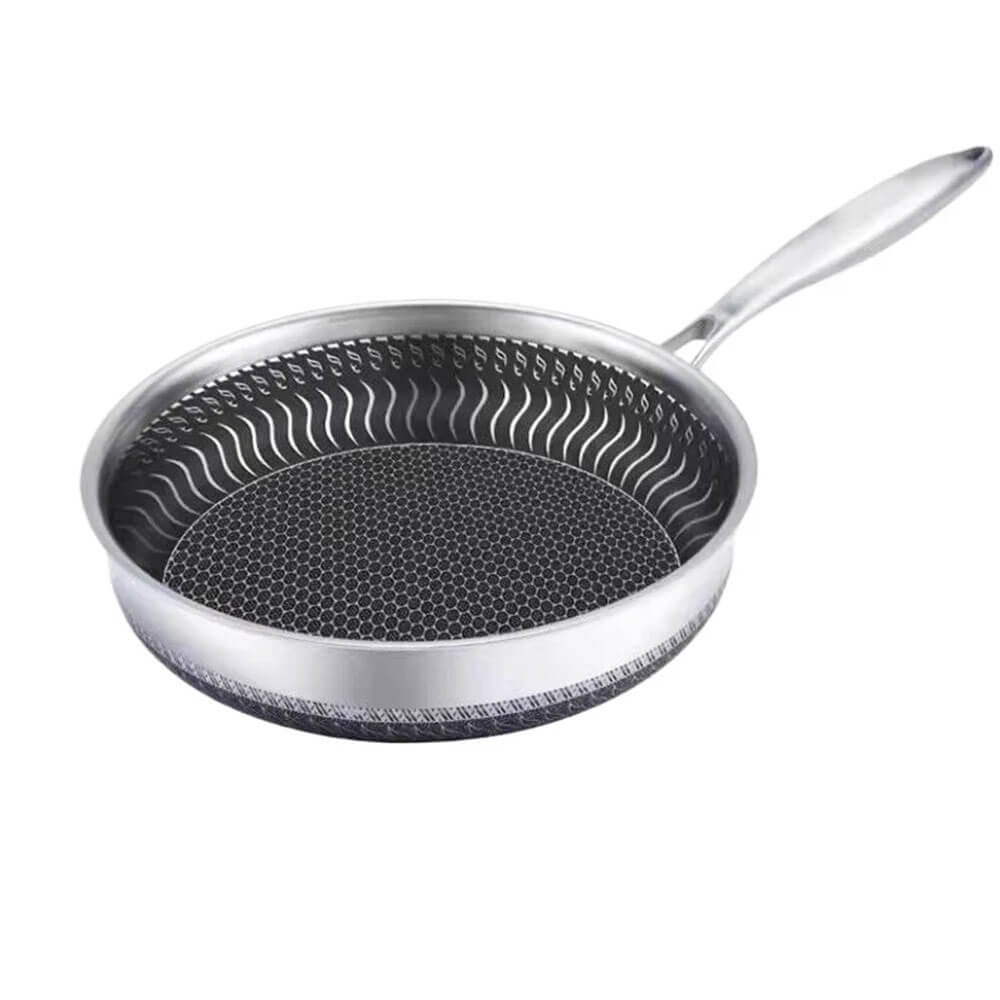 Stainless steel frying pan with honeycomb pattern and non-stick surface, designed for even heat distribution and easy cooking.