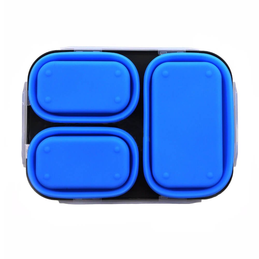 Blue lunch box collapsible with three compartments, shown fully expanded and ready for food storage or meal prep.