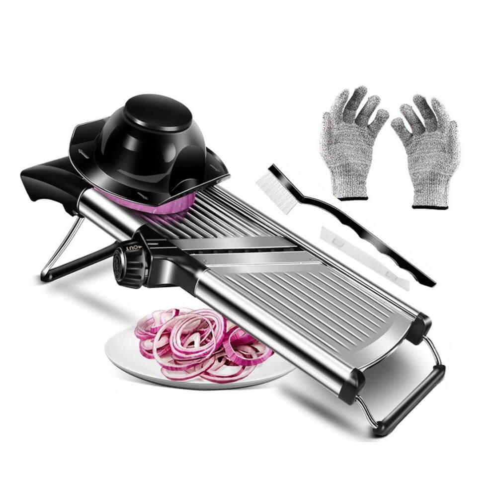 Mandoline slicer gloves set includes slicer, safety gloves, brush, and blade for safe and precise slicing.