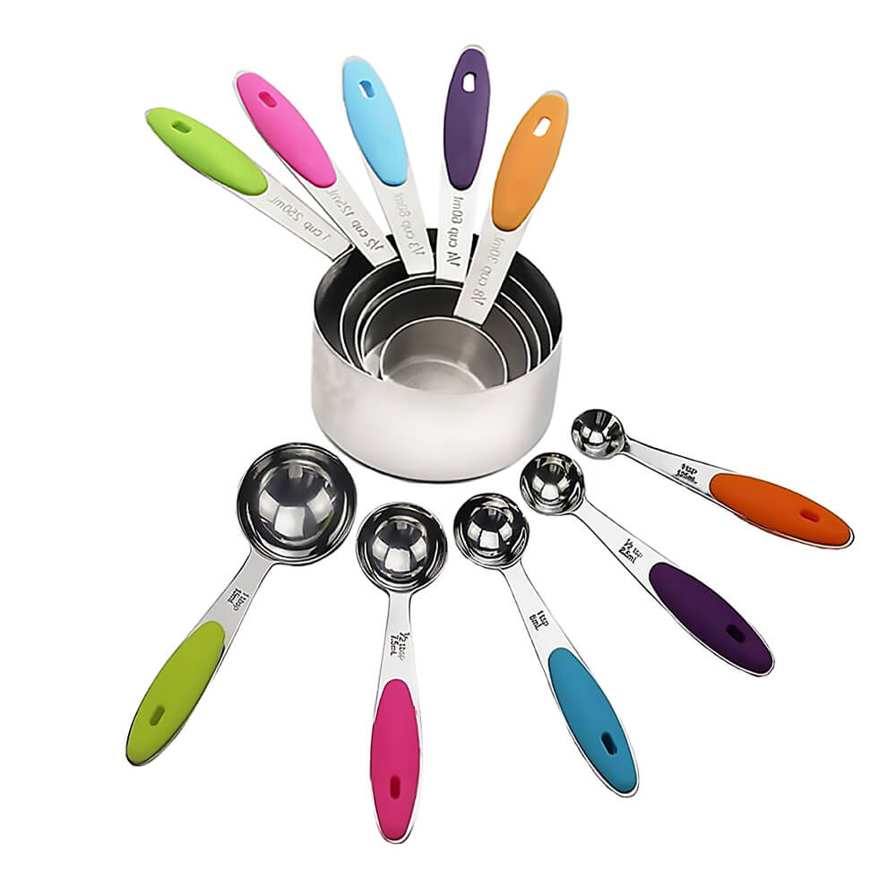 Colorful measuring cups and spoons set stainless steel with engraved measurements and non-slip silicone handles, featuring nested cups and individually arranged spoons for easy viewing.