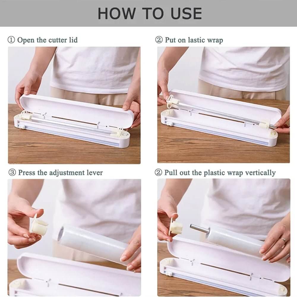 Step-by-step guide showing how to load and use plastic wrap dispenser with cutter for smooth, clean, and safe food wrap cutting.