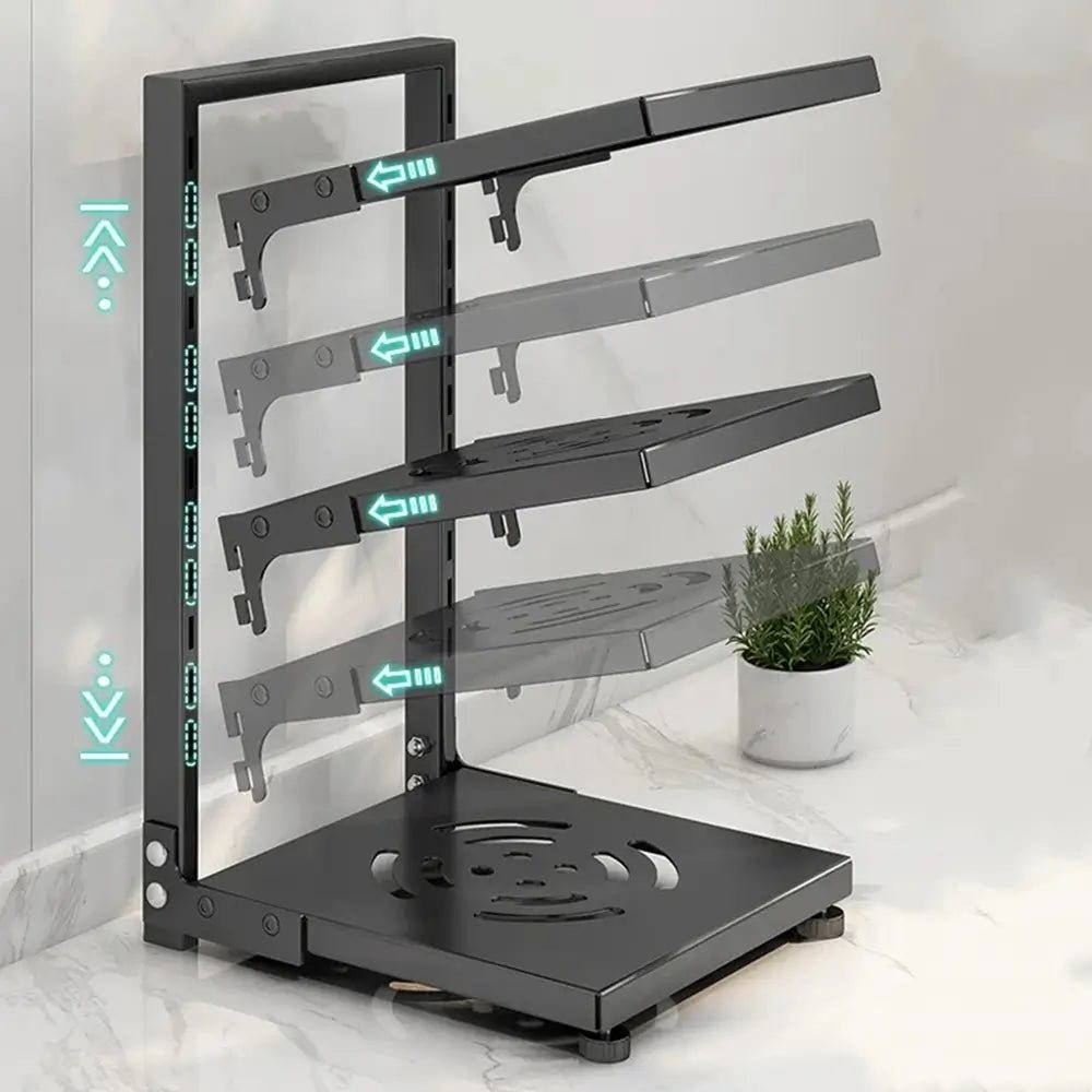 Adjustable black pot and pan organizer with tiered shelves showing height customization options for kitchen storage.