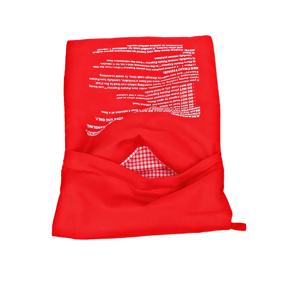 Open red potato bag for microwave with printed white instructions on the outer surface and a red-and-white checkered inner lining, designed for steam cooking potatoes quickly and evenly.