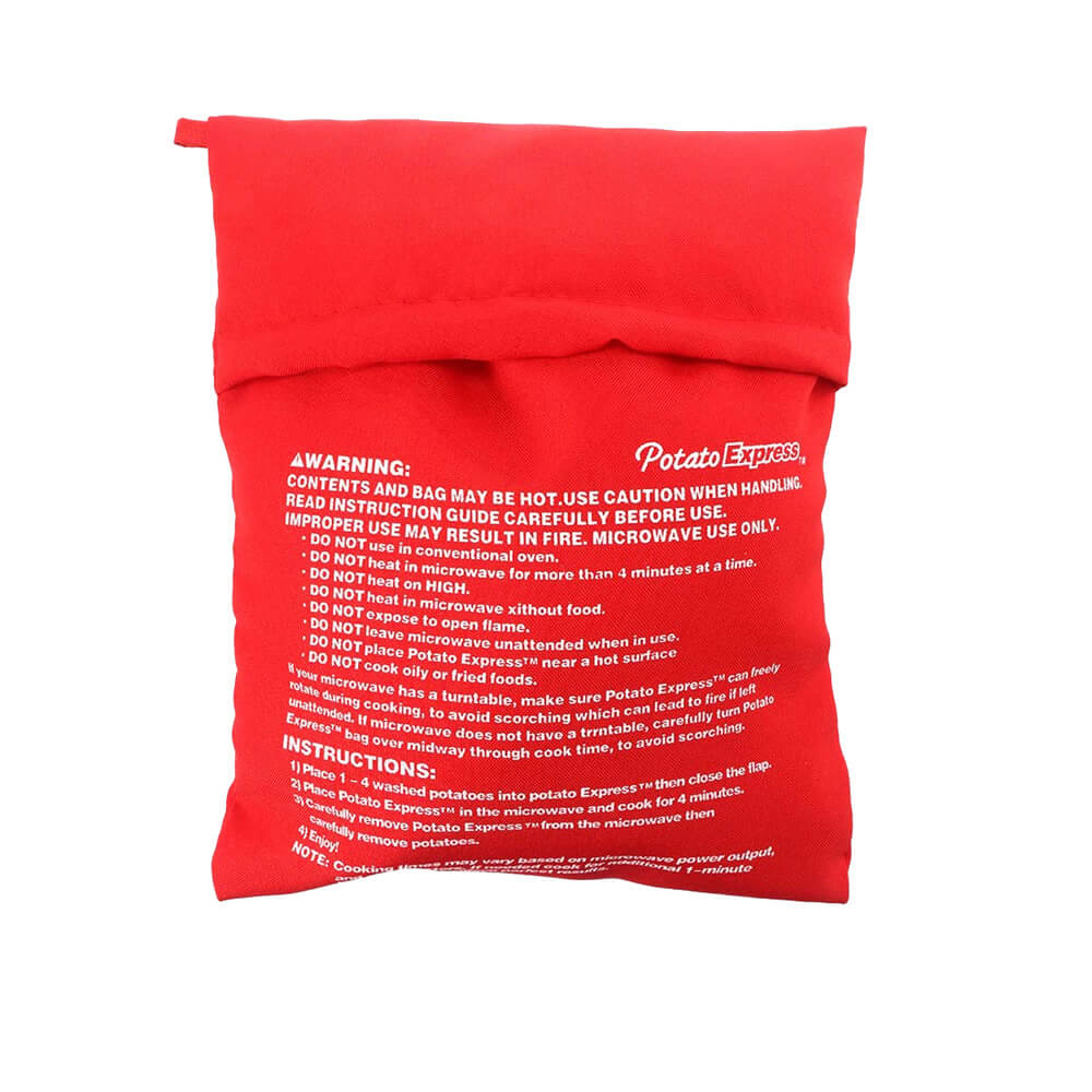 Red potato bag for microwave labeled Potato Express, featuring clear white printed safety warnings and usage instructions on the front, designed for steam-cooking potatoes quickly and evenly in the microwave.