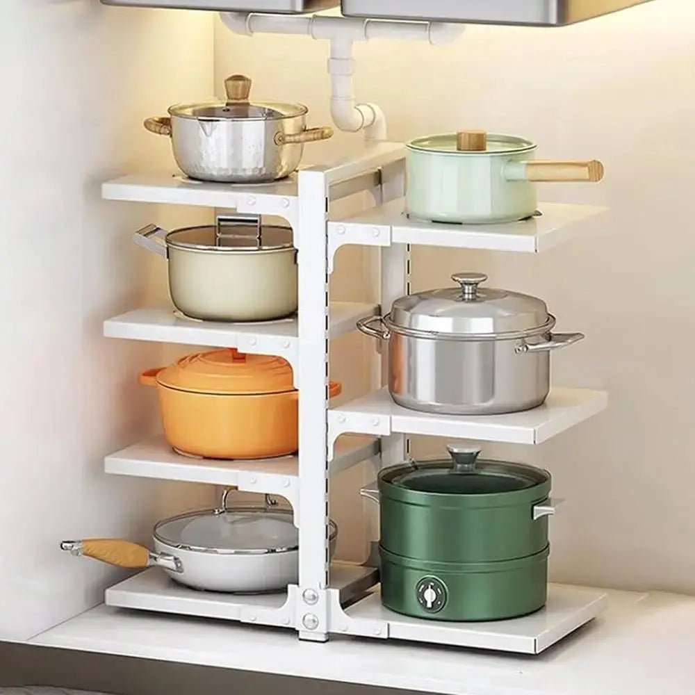 White pots and pans cupboard organizer with multiple adjustable shelves holding cookware under a kitchen sink.