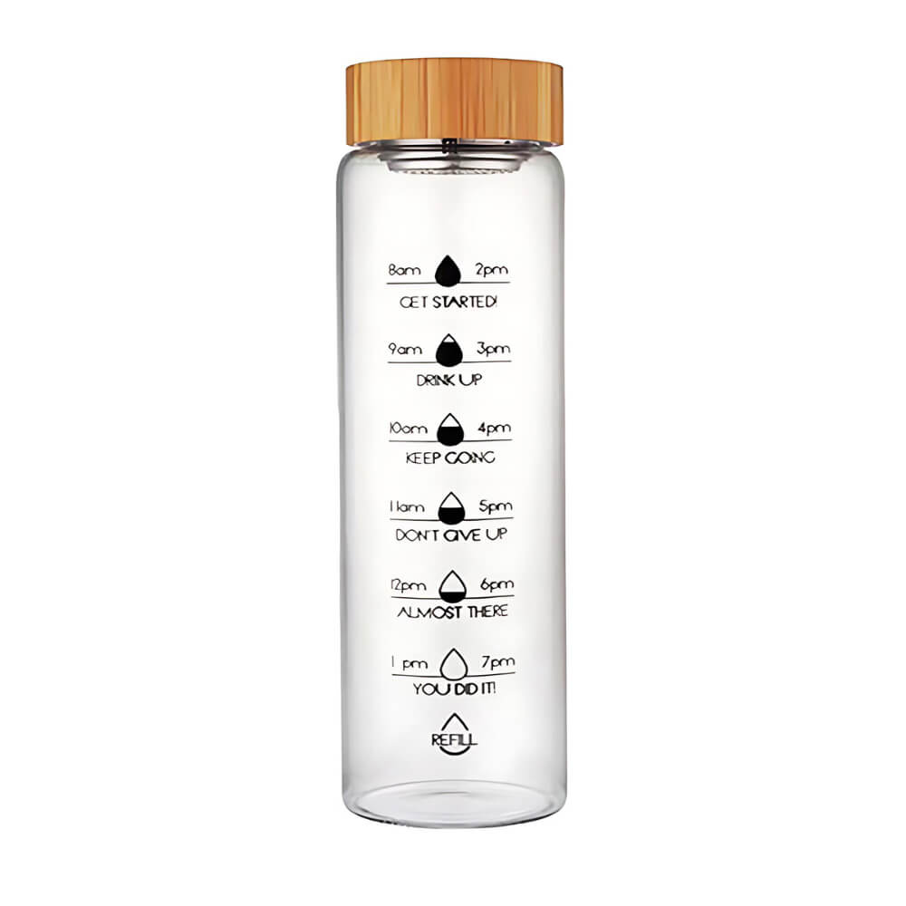 A clear reusable glass water bottle with a bamboo lid, featuring time markers from 8 am to 7 pm and motivational phrases such as GET STARTED, DON&