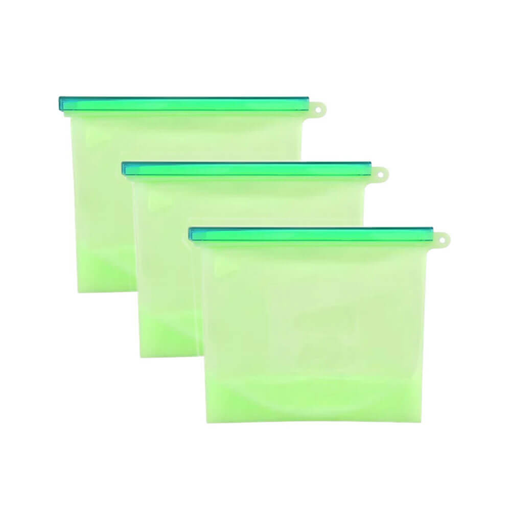 Three green reusable silicone bags with sliding seals, neatly arranged in a row on a white background.