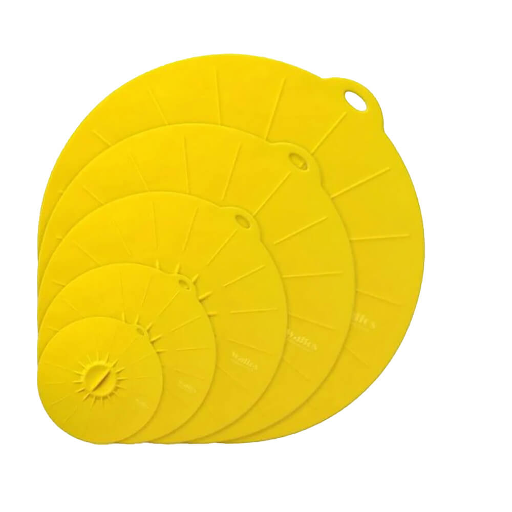 Yellow silicon pan covers set in five stackable sizes for pots, pans, and containers.