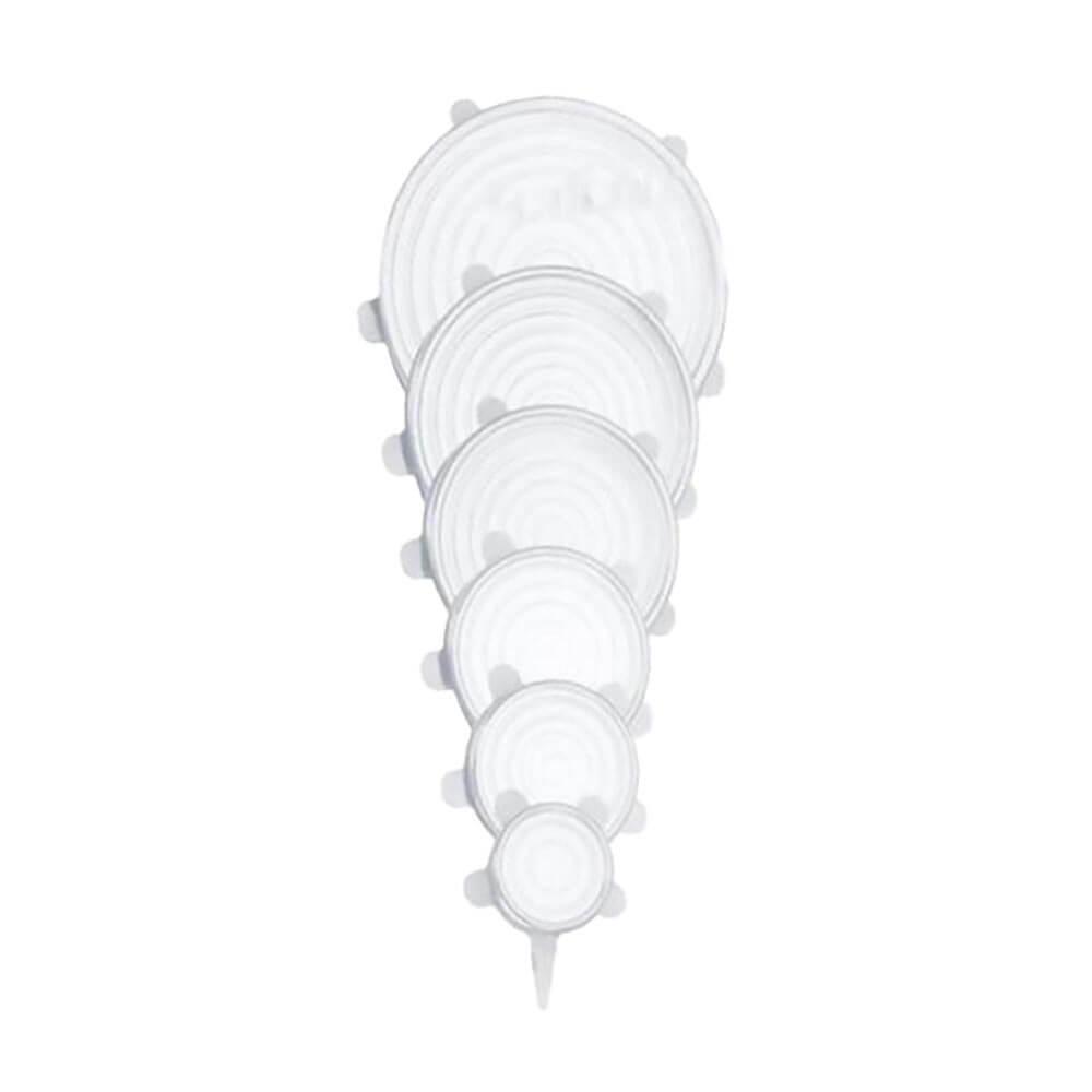 Set of seven transparent silicon stretch lids in various sizes with pull tabs, arranged vertically from largest to smallest.