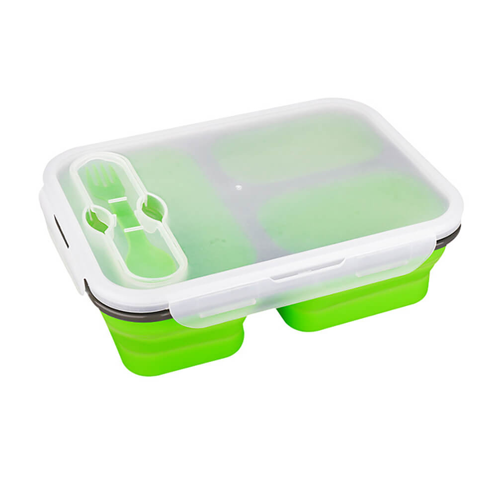 Green silicone collapsible lunch box with clear lid and built-in fork and spoon compartment.