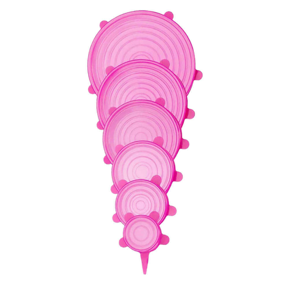 Set of seven pink silicone stretch lids in various sizes, stacked from largest to smallest, designed for sealing containers.