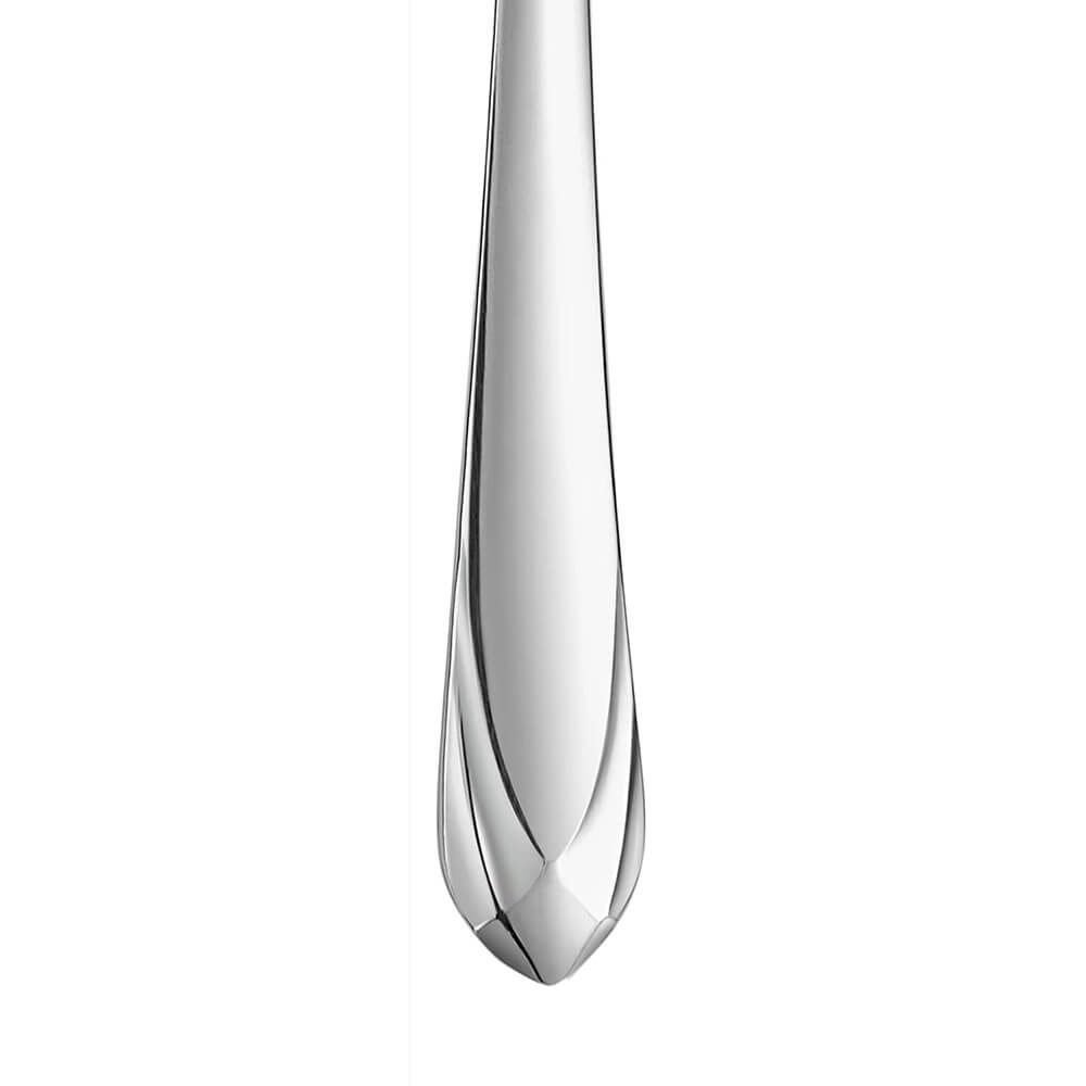 Close up of silverware set stainless steel handle with sleek mirror finish and elegant modern design.