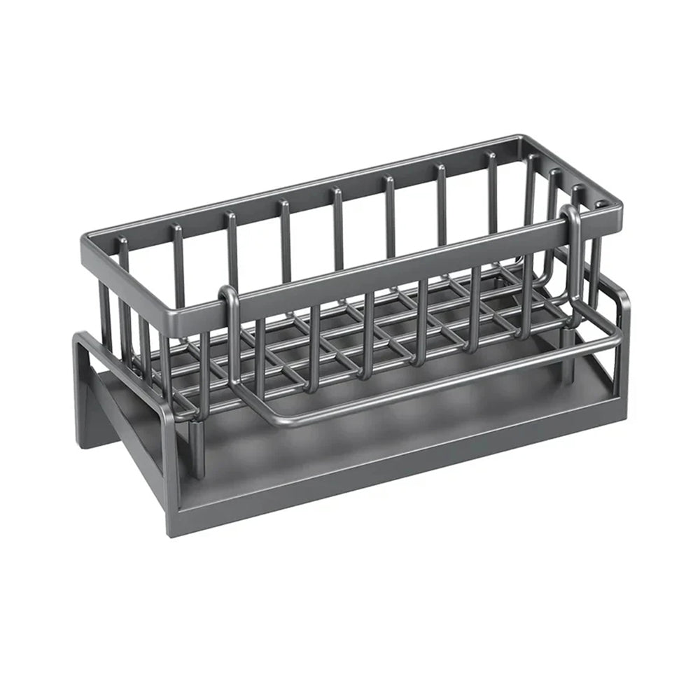 Grey kitchen sink caddy: sleek design for holding dishwashing detergent and keeping the sink area organized.