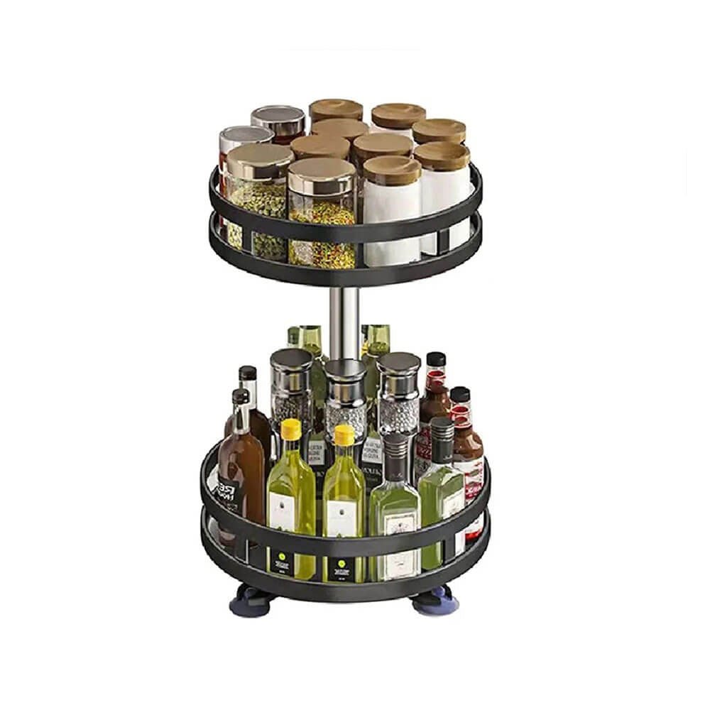 A spice rack organizer rotating with two-tier shelves, holding spice jars and bottles, designed for efficient kitchen storage and easy access.
