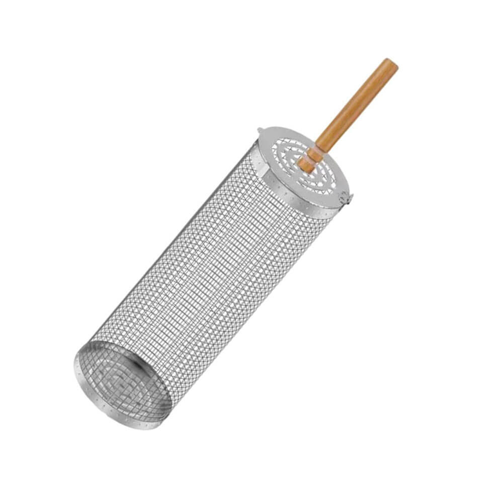 A stainless steel BBQ grilling basket with a cylindrical mesh design, a locking lid, and a wooden handle. Used for grilling small food items while preventing them from falling through the grates.