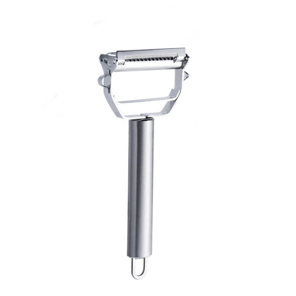 Stainless steel peeler with a dual-blade design featuring a durable, ergonomic handle and a built-in potato eye remover, ideal for peeling vegetables and fruits efficiently.