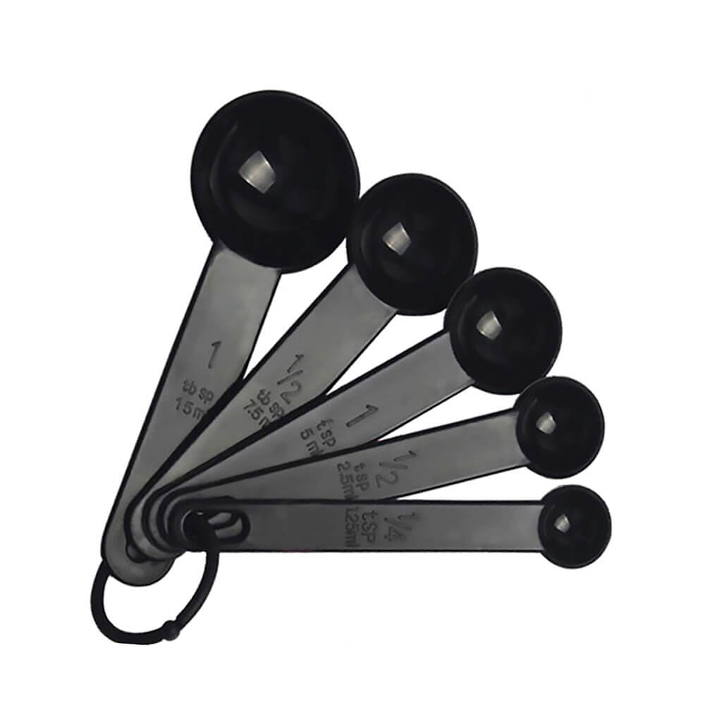 Set of black plastic tablespoon and teaspoon measuring spoons arranged in a fan shape and held together by a small ring.