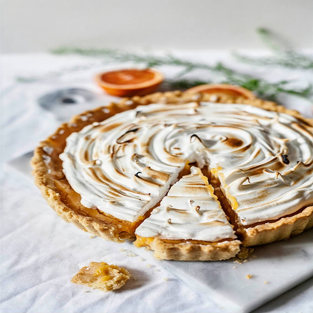 A lemon meringue tart with a flaky crust and toasted swirls of meringue sits on a white surface, with a slice removed to reveal its creamy filling. Baked in a tart pan with removable bottom, the clean edges and easy release highlight the pan’s practicality.
