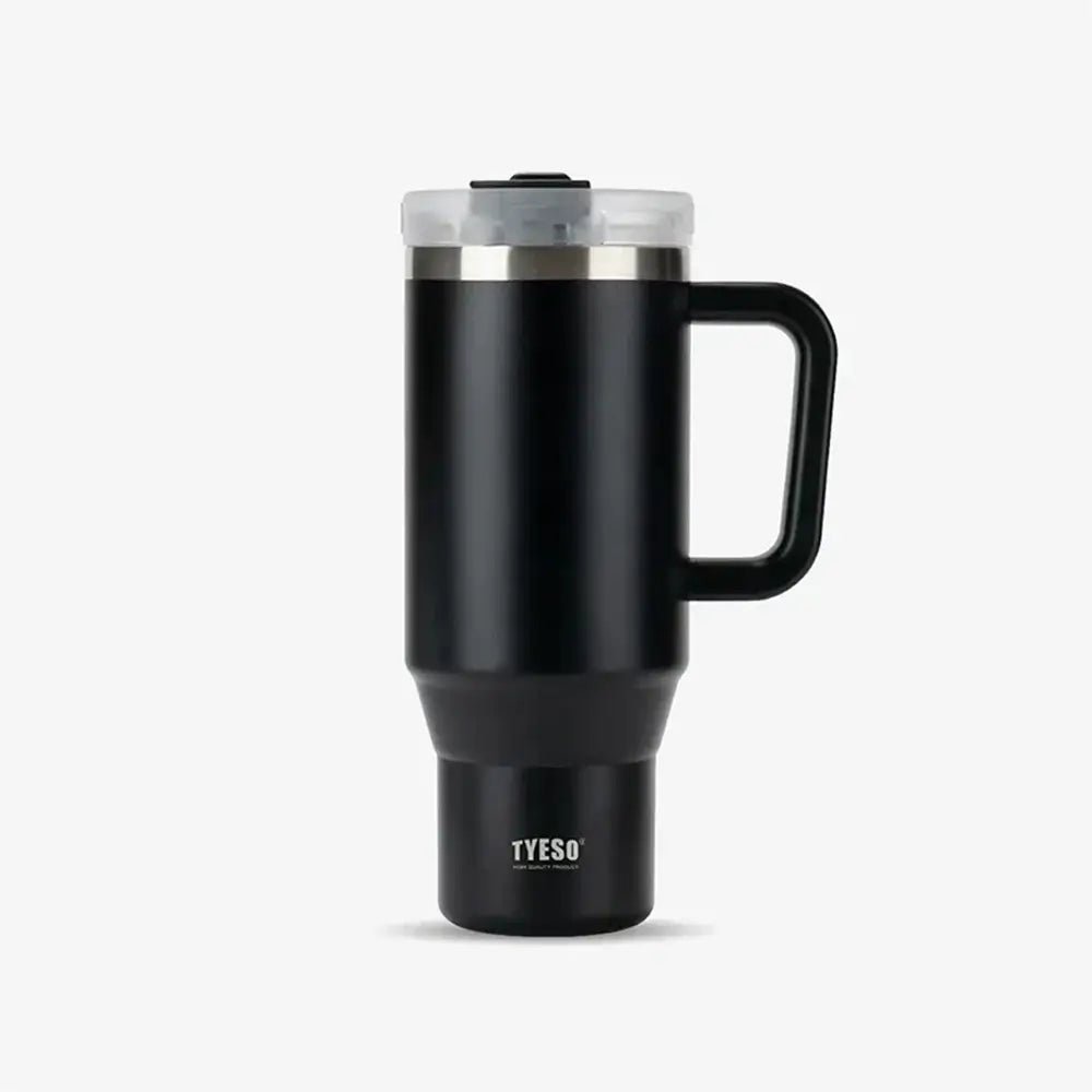 Black TYESO thermal travel mug with handle and clear lid on a plain background.