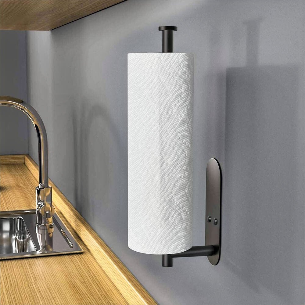 Vertical under cabinet paper towel holder mounted beside sink for easy access and space saving in modern kitchens.