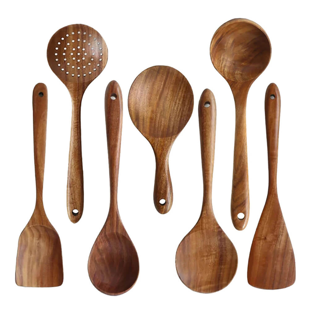 Wooden cooking utensils set featuring seven natural wood spoons and spatulas, ideal for stirring, serving, and cooking various dishes.