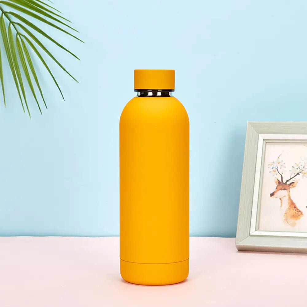 Yellow water bottle on a light blue background with a framed picture and plant leaf.