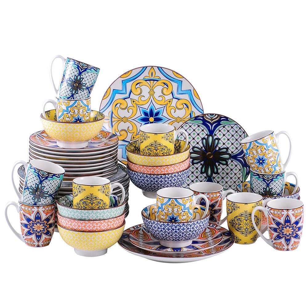 Durable 16-piece dinnerware set in porcelain showcasing eye-catching Moroccan designs with bold colors and patterns.