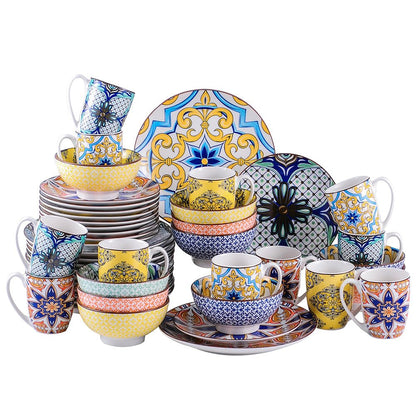 Durable 16-piece dinnerware set in porcelain showcasing eye-catching Moroccan designs with bold colors and patterns.