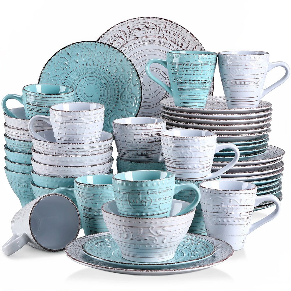 16-piece stoneware dinnerware set includes dinner plates, salad plates, mugs, and pasta or cereal bowls.