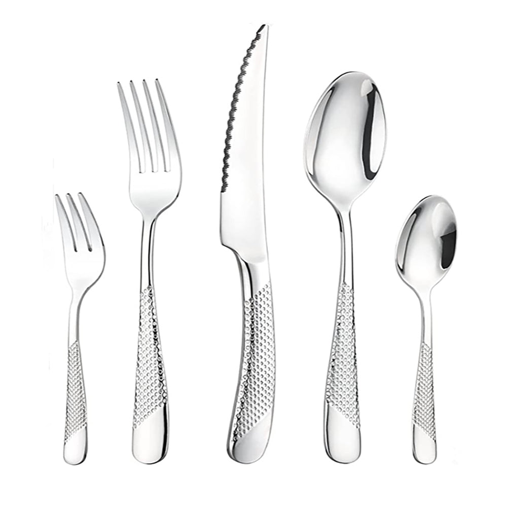 18/10 stainless steel flatware with a unique water drop pattern and scratch-resistant polish.