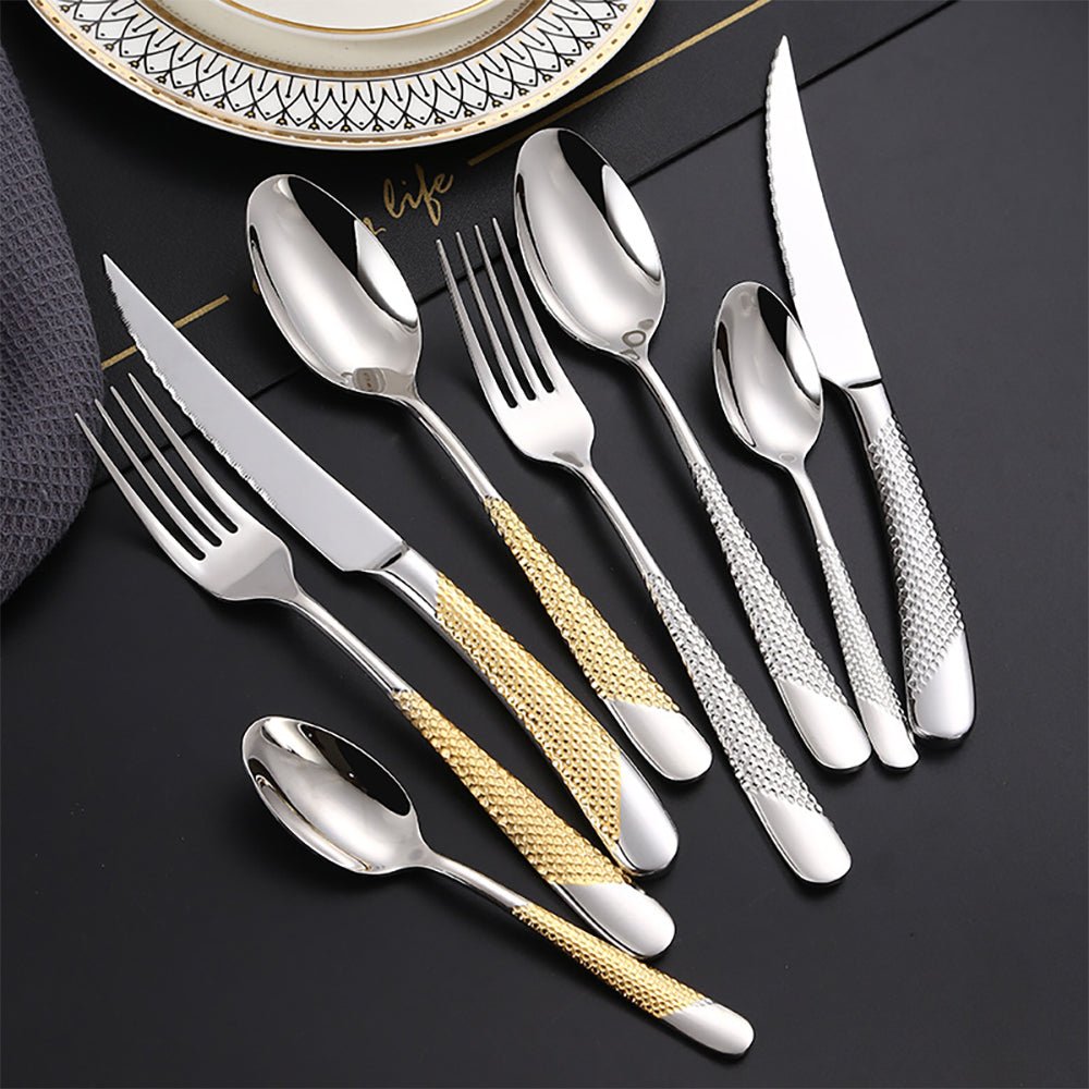 18/10 stainless steel flatware set with a water drop-inspired pattern, polished to a mirror finish.