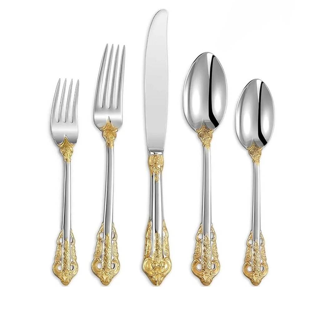 18/10 stainless steel flatware sets featuring classic design, golden details, and a mirror finish.