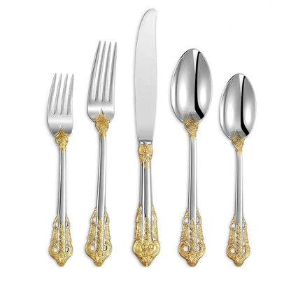 18/10 stainless steel flatware sets featuring classic design, golden details, and a mirror finish.