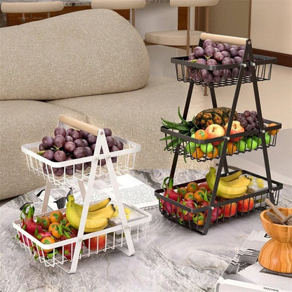 Black and white 2-tier countertop fruit basket stand with a modern design, featuring sturdy metal construction and a wooden handle for easy carrying and organizing fruits.