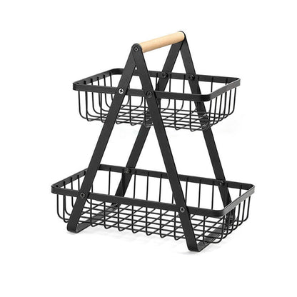 Black 2-tier fruit basket with a sleek design and sturdy metal construction, featuring a wooden handle and airy wire tiers for displaying and organizing fruits.